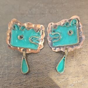 Vintage Betancourt Quetzalcoatl Copper And Green Enamel Earrings